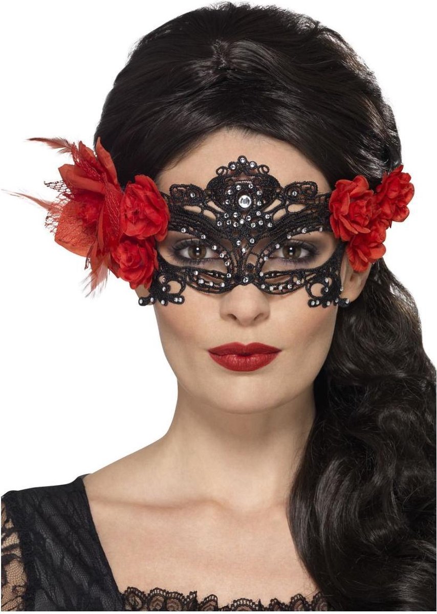 SMIFFYS - Zwart Dia de los Muertos kant masker voor volwassenen -   > Masquerade masker
